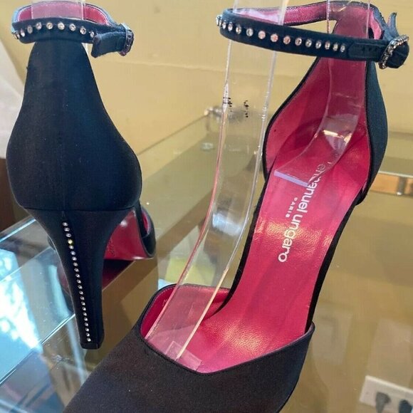 Emanuel Ungaro Sz 7 Black Satin w/Crystals Heels - Picture 9 of 15